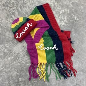 Rare Coach Multi Stripe Scarf And Hat Matching Set Rainbow Tassels